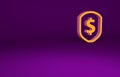 Orange Shield with dollar symbol icon isolated on purple background. Security shield protection. Money security concept Royalty Free Stock Photo