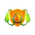 Orange shield with green leaf and water logo template