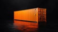 Orange Shipping Container Standing on a Dark Wet Surface Reflecting Light with a Plain Black Background Transport and Royalty Free Stock Photo