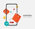 orange shopping bag,cart icon,pin,buy icon and order confirmation icon Pops are on smartphone screen