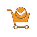 Orange Shopping cart with check mark icon isolated on white background. Supermarket basket with approved, confirm, tick Royalty Free Stock Photo