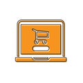 Orange Shopping cart on screen laptop icon isolated on white background. Concept e-commerce, e-business, online business Royalty Free Stock Photo