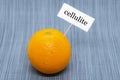 Orange with a sign stuck in it that says Cellulite. Orange peel as a symbol of cellulite on the skin Royalty Free Stock Photo