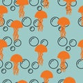 Orange silhouette jellyfish with outline bubbles seamless pattern, bright silhouettes of underwater animals on a blue background
