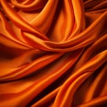 Orange silk satin backdrop wavy soft folds on shiny fabric luxurious textile texture cosmetic product background with copy space