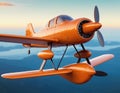 An orange, single-engine seaplane with a streamlined body and two floats is airborne. Royalty Free Stock Photo
