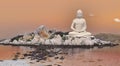 Orange sky and ocean are rock on the Buddha statue. Beautiful landscape island sun set time in nature wallpaper.