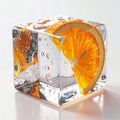 Orange Slice Embedded in a Clear Ice Cube with Water Droplets Royalty Free Stock Photo