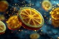 Orange slice falling and creating splashes of juice, capturing a refreshing and healthy concept Royalty Free Stock Photo