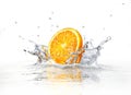 Orange slice falling and splashing into clear water. Royalty Free Stock Photo