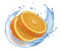 Orange slice falling into water splash isolated on white background Royalty Free Stock Photo