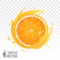 Orange slice, fresh juice splashing isolated on white background, 3d realistic, vector graphics Royalty Free Stock Photo