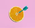 Orange slice, fruit with circular target marked and blue dart on