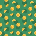 Orange slice on green background, seamless summer vector pattern. Fruit juicy vector print for apparel. fabric, textile