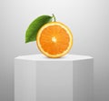 Orange slice, on Shiny white round pedestal podium