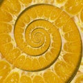 Orange slice spiral swirl abstract fractal background. Orange slice spiral background pattern. Impossible abstract orange food Royalty Free Stock Photo