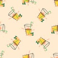 Orange slice, tube for drinking seamless pattern. Natural fresh orange juice in a glass hatching style Royalty Free Stock Photo