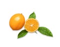 Orange sliced and whole citrus fruit isolated on white background. Juicy ripe slices of orange lemon. Royalty Free Stock Photo