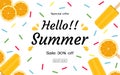 Orange slices and citrus flavor Popsicle with rainbow sprinkles. Summer greeting banner template. Flat design vector illustration Royalty Free Stock Photo