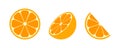 Orange slices. Citrus icons of orange. Round, half and slice of fruit for juice. Fruit with vitamin C. Flat icon isolated on white Royalty Free Stock Photo