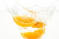 Orange Slices falling deeply under water with a big splash Royalty Free Stock Photo