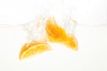 Orange Slices falling deeply under water with a big splash Royalty Free Stock Photo