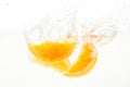 Orange Slices falling deeply under water with a big splash Royalty Free Stock Photo