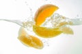 Orange Slices falling deeply under water with a big splash Royalty Free Stock Photo