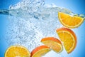 Orange Slices falling under water with splash Royalty Free Stock Photo