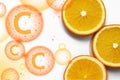 Orange slices on white background. Tropical bright juicy fruit vegetarian healthy dietary supplement of vitamin C flat