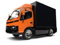 Orange small box truck with black trailer