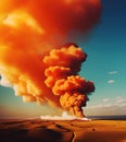 Orange smoke after explosion in deserted landscape, generative ai