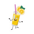 Orange smoothie with fruit and straw character with crazy joyful emotions