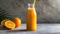 Orange smoothie in glass bottle with paper straw. Tasty and healthy drink. Summer beverage Royalty Free Stock Photo