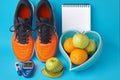 Orange sneakers, diary notebook, glucometer, measuring tape and fruits on a blue background