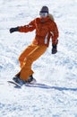 Orange snowboard girl downhill Royalty Free Stock Photo