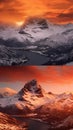 Orange Snowy Mountains at Sunset