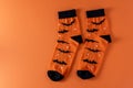 Orange socks with bats. Clothing costume for Halloween party. Cheerful bright multicolored sock top view