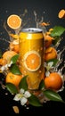 Orange soda can descends, surrounded by fresh oranges, leaves, and flying slices