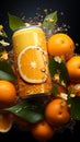 Orange soda can descends, surrounded by fresh oranges, leaves, and flying slices
