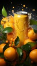 Orange soda can descends, surrounded by fresh oranges, leaves, and flying slices