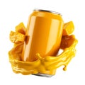 Orange Soda Can with Mango Splash and Fruit Chunks Royalty Free Stock Photo