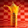 Orange soda can with orange slice label and crown liquid splash Royalty Free Stock Photo