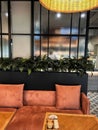 Orange sofa in a cafe in front of opaque glass