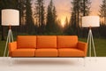 Orange sofa and two lamps on the white floor at sunset. Forest in the background.