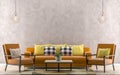 Orange sofa with yellow pillows. Empty wall in background - 3D illustration Royalty Free Stock Photo