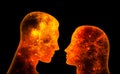 Orange space couple look at each other on a black background