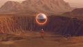 Orange Spaceman Spacewoman With Large Alien Silver Sphere Crater Arid Desert Mountain Sci Fi Astronaut Cosmonaut Landscape