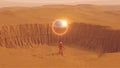 Orange Spaceman Spacewoman With Large Alien Silver Sphere Glowing Orange Crater Desert Sand Dune Landscape Royalty Free Stock Photo