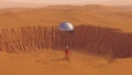 Orange Spaceman Spacewoman With Large Alien Silver Sphere Glowing Orange Crater Desert Sand Dune Landscape Royalty Free Stock Photo